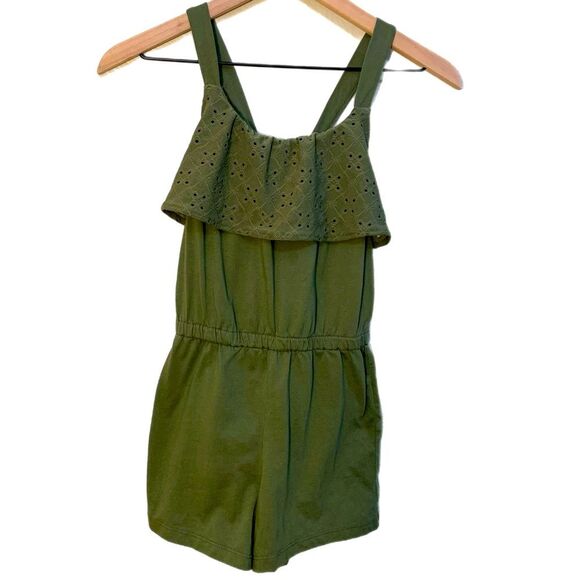 OLD NAVY Romper Girls 10-12 Olive Green Eyelet Lace Ruffle Elastic Waist Pockets - Picture 1 of 7